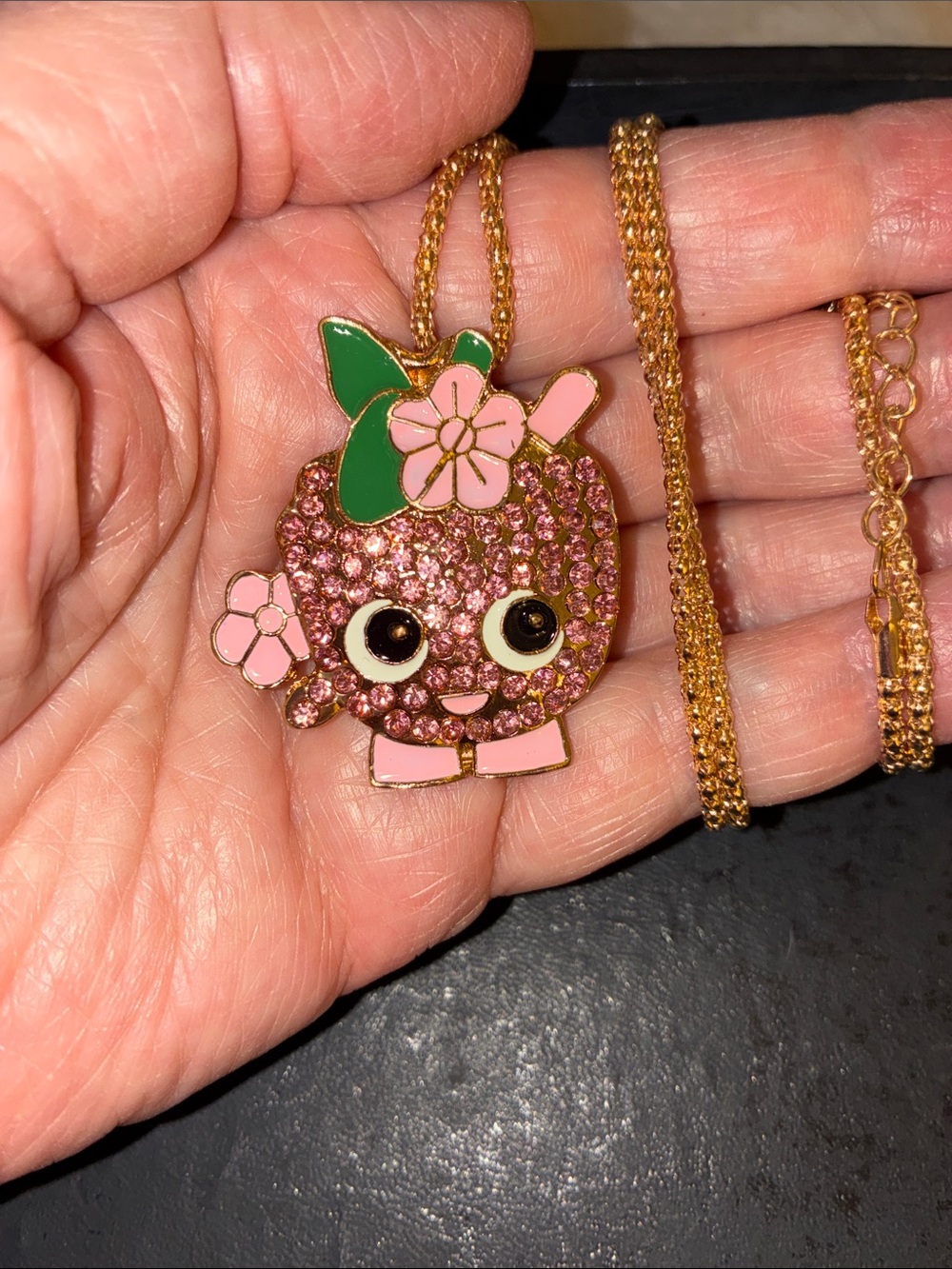 Gold-Tone Pink Crystal Strawberry Pendant/Brooch Necklace with Green Leaf Accent